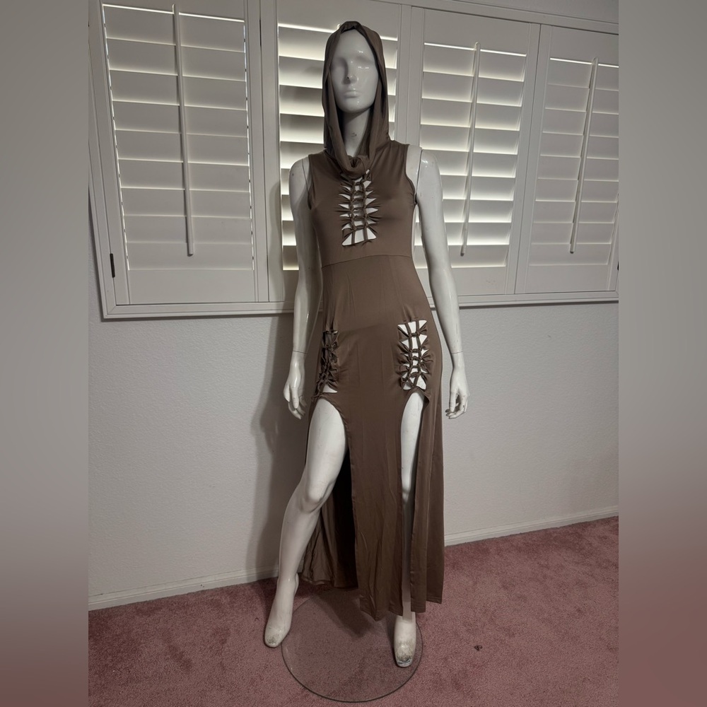 new large long tan hood apocalypse alt cyber goth dress festival rave slits